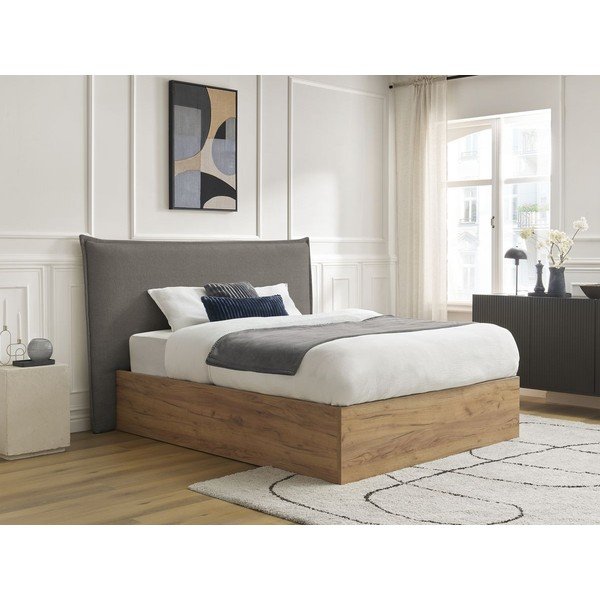 Pat matrimonial gri/taupe tapițat/din  placă aglomerată de lemn tapițat cu spațiu de depozitare cu somieră 160x200 cm Charlie – Bobochic Paris-image-3