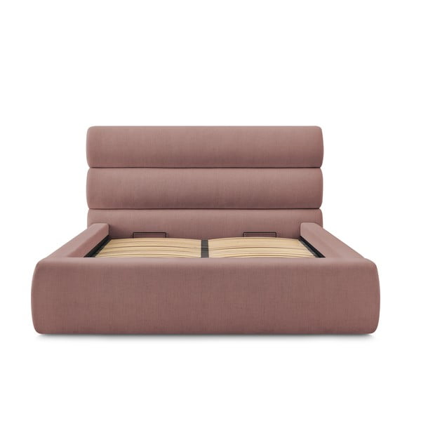 Pat matrimonial roz deschis tapițat cu spațiu de depozitare și somieră 180x200 cm Jagna – Bobochic Paris-image-3