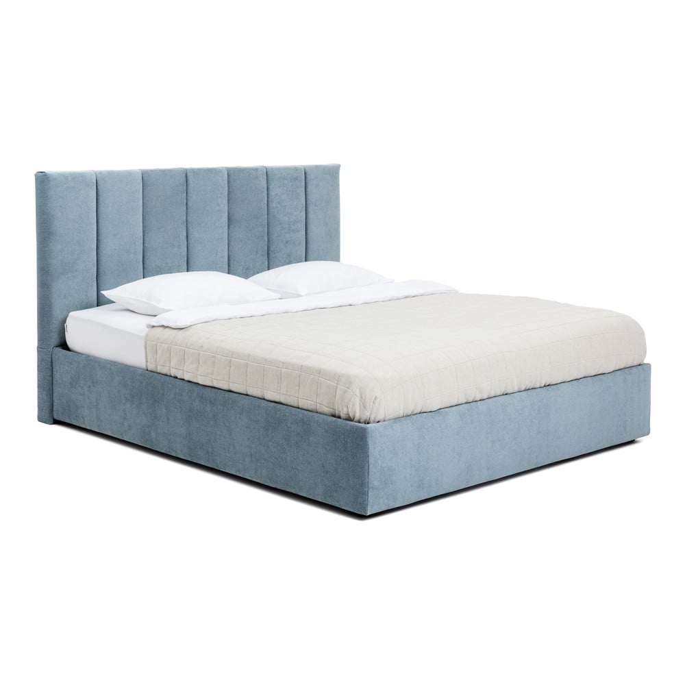 Pat matrimonial albastru tapițat cu spațiu de depozitare cu somieră 180x200 cm Thessa Bold Line – Bonami Selection
