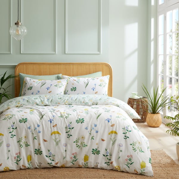 Lenjerie de pat albă/verde din bumbac pentru pat de o persoană 135x200 cm Botanical Cottage Garden – RHS