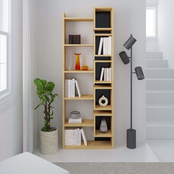 Bibliotecă neagră/în culoare naturală cu aspect de lemn de stejar 60x168,5 cm Eladi – Marckeric-image-4