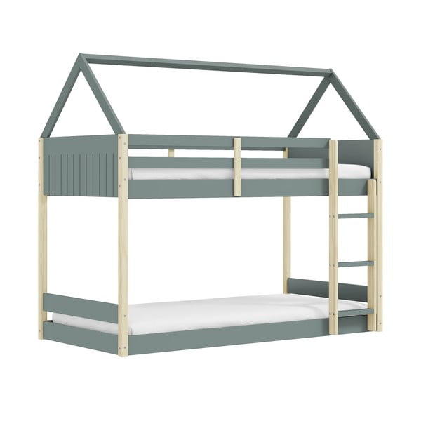 Pat pentru copii  în culoare naturală/verde prăfuit de tip casă/supraetajat cu somieră 90x190 cm Valka – Marckeric-image-2