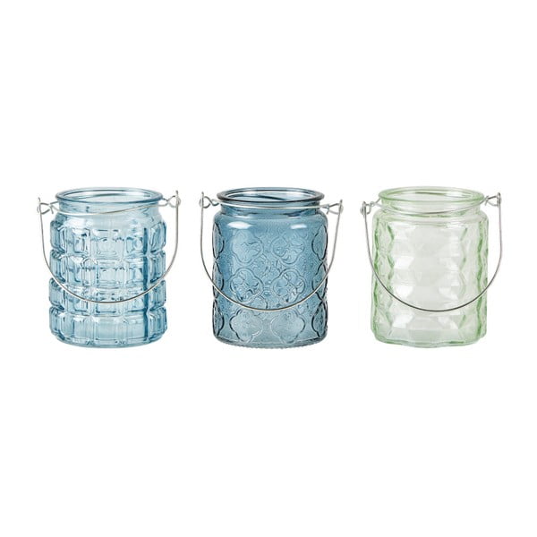 Set 3 suporturi de lumânari pastilă KJ Collection Glass, 10 x 8 cm, albastru