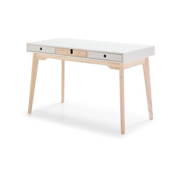 Birou cu picioare din lemn de pin Marckeric Kiara, alb-image-2
