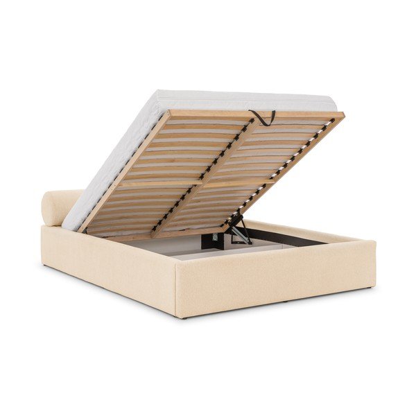 Pat matrimonial crem tapițat cu spațiu de depozitare cu somieră 180x200 cm Cille – Ropez-image-2