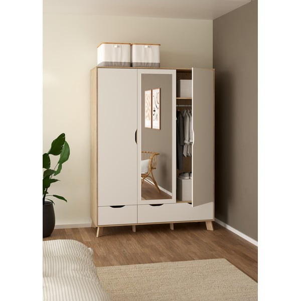 Șifonier alb-în culoare naturală cu aspect de lemn de stejar cu oglindă 147x201x58 cm Ikast – Tvilum-image-2