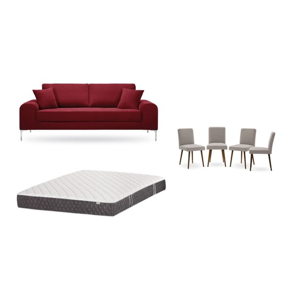 Set canapea roșie cu 3 locuri, 4 scaune gri, o saltea 160 x 200 cm Home Essentials