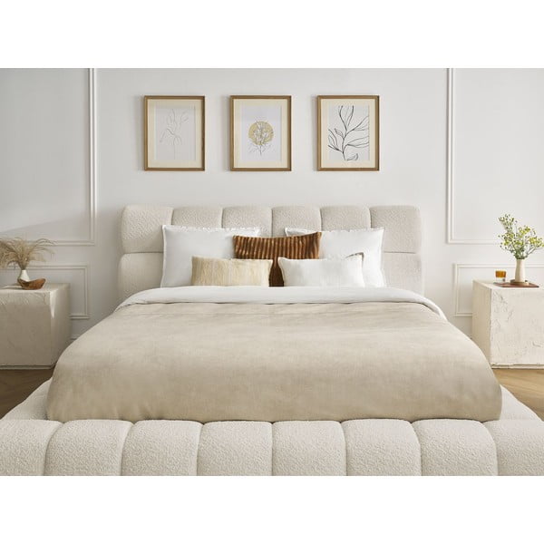 Pat matrimonial bej tapițat cu spațiu de depozitare cu somieră 160x200 cm Mont Blanc – Bobochic Paris-image-1