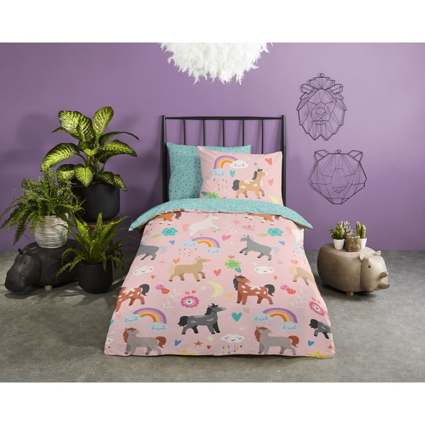 Lenjerie de pat pentru copii roz-turcoaz din bumbac pentru pat de o persoană, extinsă 140x220 cm Horses – Good Morning-image-1