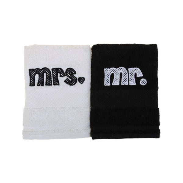Set 2 prosoape Mr. and Mrs., 100x50 cm, alb-negru