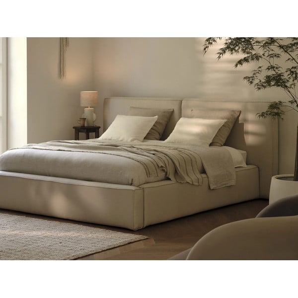 Pat matrimonial bej tapițat cu spațiu de depozitare și somieră  200x200 cm Arendal – Cosmopolitan Design-image-1