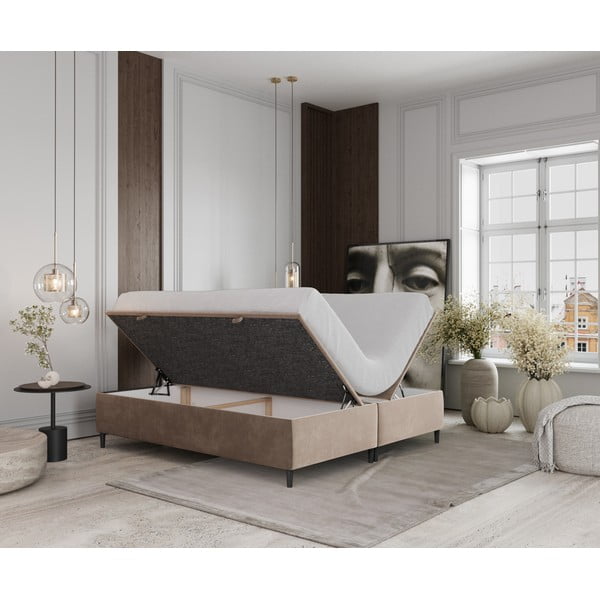 Pat matrimonial bej tapițat cu spațiu de depozitare 180x200 cm Tate – Maison de Rêve-image-2