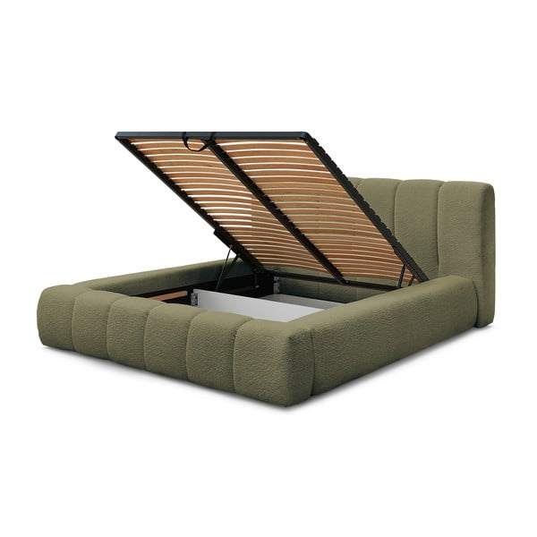 Pat matrimonial verde tapițat cu spațiu de depozitare cu somieră 180x200 cm Denali – Bobochic Paris-image-4