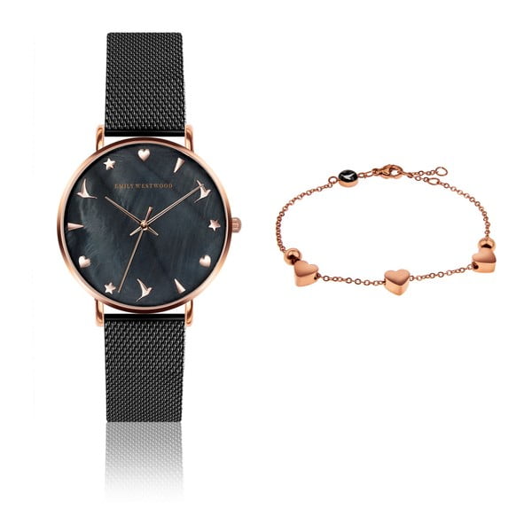 Set ceas damă și brățară Emily Westwood Laro, negru, roz