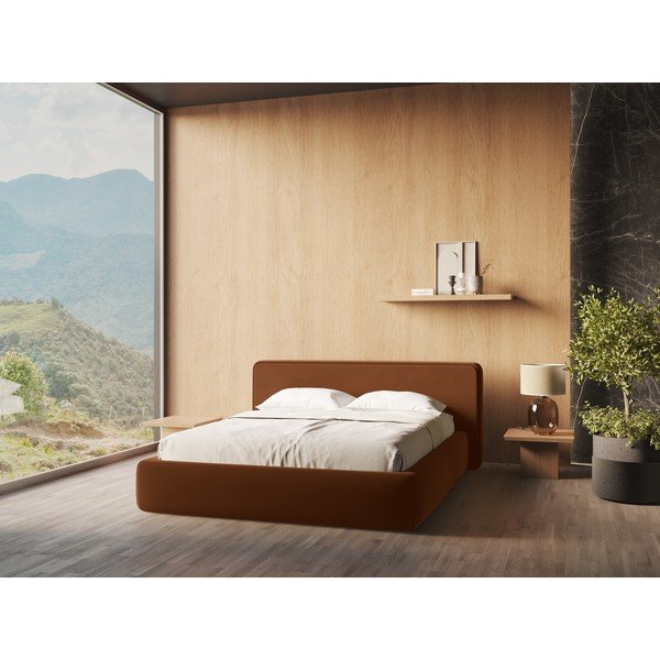 Pat matrimonial teracotă tapițat cu spațiu de depozitare cu somieră 160x200 cm Kiana – Makamii-image-1