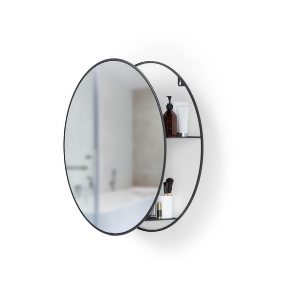 Oglindă rotundă de perete cu raft metalic Umbra Cirko, negru