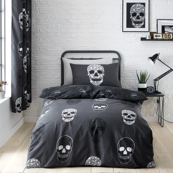 Lenjerie de pat pentru copii gri închis pentru pat de o persoană 135x200 cm Skulls – Catherine Lansfield-image-1