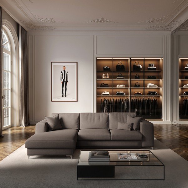 Colțar taupe extensibil, cu spațiu de depozitare cu tapițerie din catifea (cu colț pe partea stângă, cu șezlong) Rene – Rodier-image-1