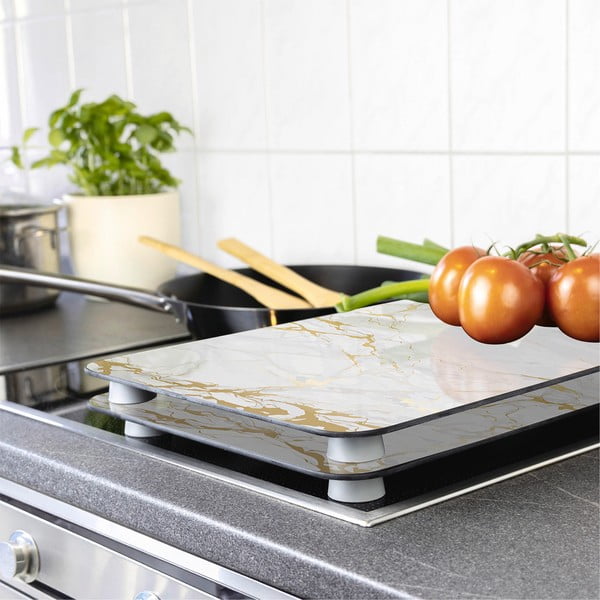Set 2 protecții din sticlă pentru aragaz Wenko Marble, 52 x 30 cm , alb - auriu-image-1