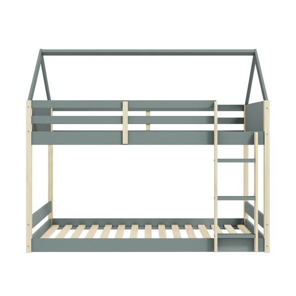 Pat pentru copii  în culoare naturală/verde prăfuit de tip casă/supraetajat cu somieră 90x190 cm Valka – Marckeric-image-1