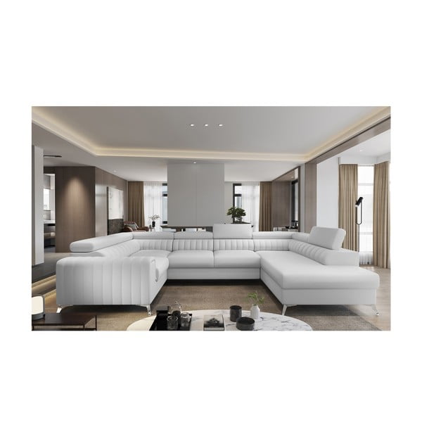 Colțar alb extensibil/cu spațiu de depozitare cu tapițerie din imitație de piele (cu colț pe partea dreaptă/în formă de "U") Louis – ELTAP-image-1