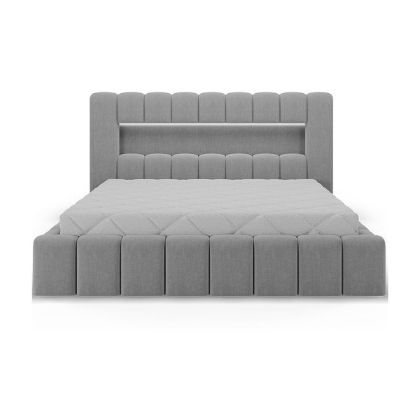 Pat matrimonial gri deschis tapițat cu spațiu de depozitare cu somieră 180x200 cm Lamica – ELTAP-image-4