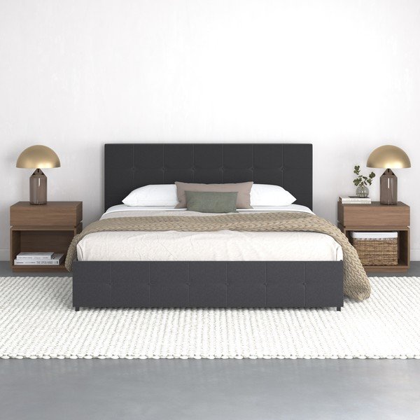 Pat matrimonial gri închis tapițat cu spațiu de depozitare 180x200 cm Rose – Støraa-image-3