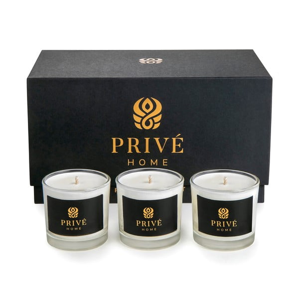 Set de 3 lumânări parfumate albe Privé Home Delice d'Orient/Safran-Ambre Noir/Black Wood