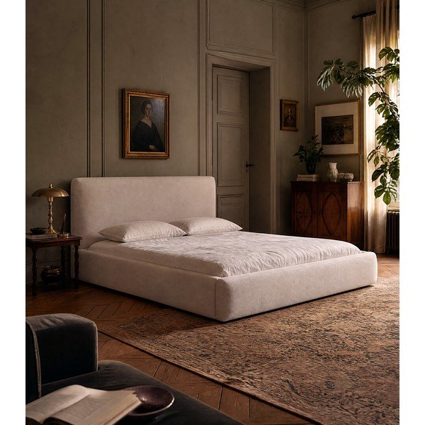 Pat matrimonial bej tapițat cu spațiu de depozitare cu somieră 160x200 cm Colonel – Cosmopolitan Design-image-1