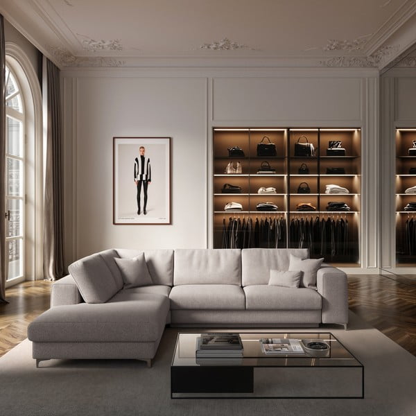 Colțar gri deschis extensibil, cu spațiu de depozitare cu tapițerie din țesătură bouclé (cu colț pe partea stângă, în formă de ”L”) Rene – Rodier-image-1