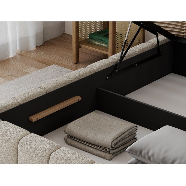 Pat matrimonial bej tapițat cu spațiu de depozitare cu somieră 180x200 cm Lamica – ELTAP-image-4