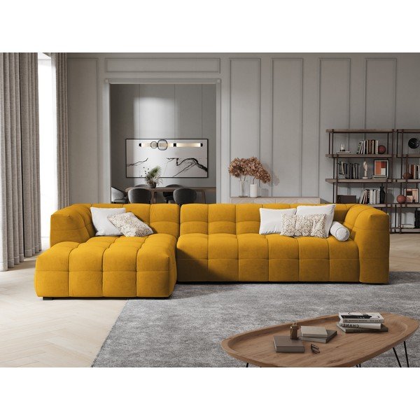 Colțar cu tapițerie din catifea și șezlong pe partea stângă Windsor & Co Sofas Vesta, galben-image-1