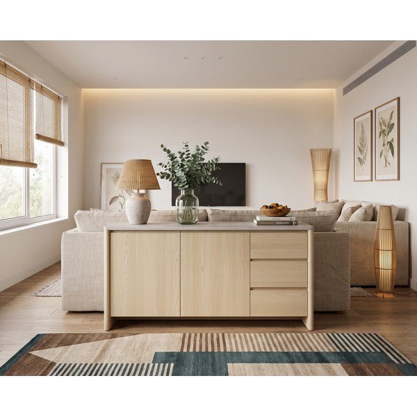 Comodă albă/în culoare naturală deschisă cu aspect de lemn de stejar 163x80x45 cm Dore – Marckeric-image-1