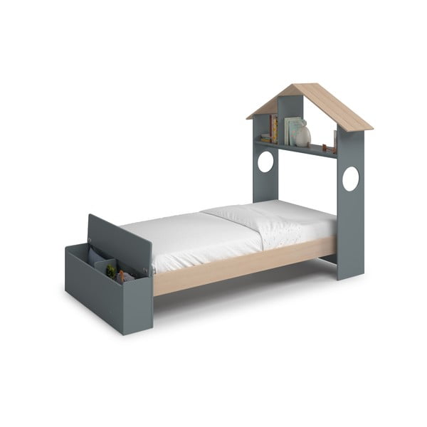 Pat pentru copii  în culoare naturală/verde prăfuit de tip casă cu aspect de lemn de pin cu spațiu de depozitare cu somieră 90x190 cm Odessa – Marckeric-image-3
