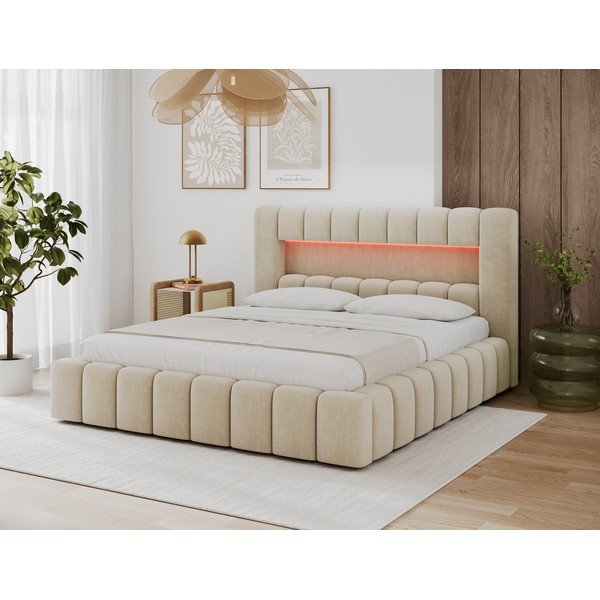 Pat matrimonial bej tapițat cu spațiu de depozitare cu somieră 140x200 cm Lamica – ELTAP-image-3
