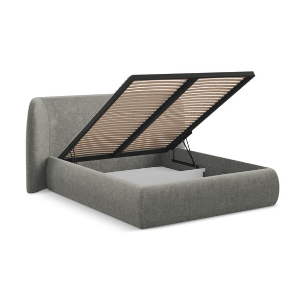 Pat matrimonial gri tapițat cu spațiu de depozitare cu somieră 180x200 cm Hauke – Makamii-image-2