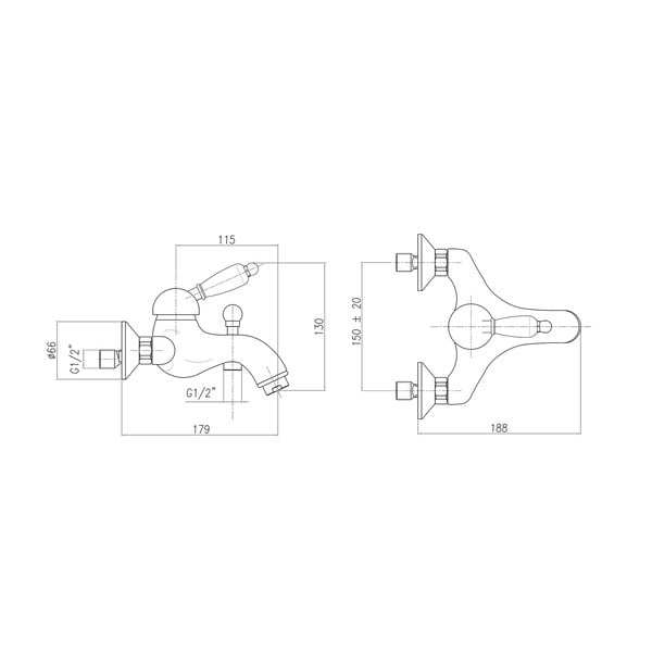 Baterie argintie pentru cadă cu montare pe perete (2 ieșiri) Kirké White – Sapho-image-1