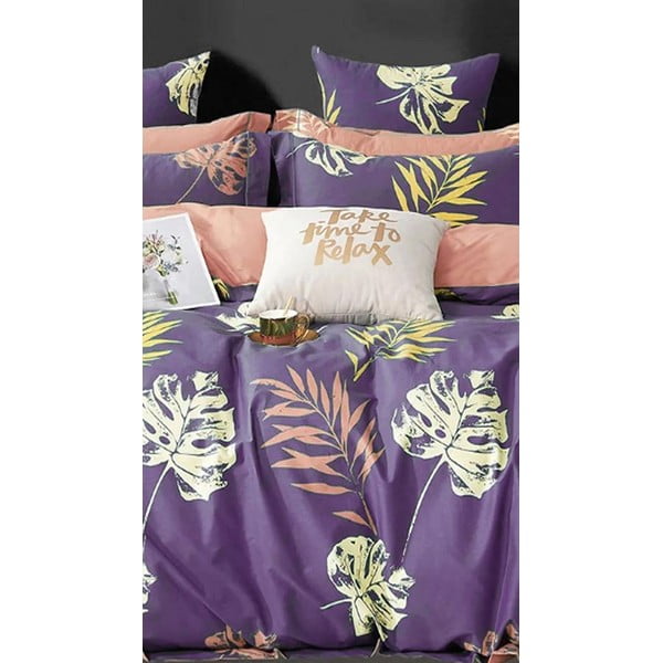 Lenjerie de pat mov din bumbac pentru pat dublu/extinsă cu cearceaf inclus/cu 4 piese 200x220 cm Leaves – Mila Home-image-1