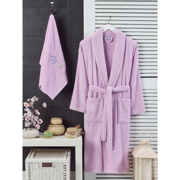 Set halat de baie și prosop roz deschis S/M din bumbac – Mila Home