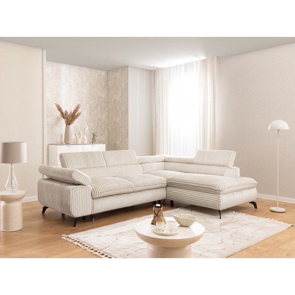 Colțar crem cu tapițerie din catifea reiată  (cu colț pe partea dreaptă/în formă de ”L”) Marbeya  – Ropez-image-1