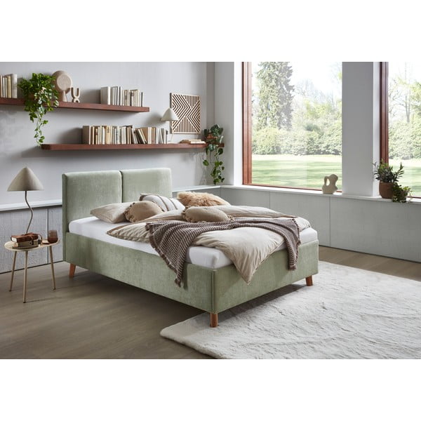 Pat matrimonial verde deschis tapițat cu somieră 140x200 cm Piano – Meise Möbel-image-1