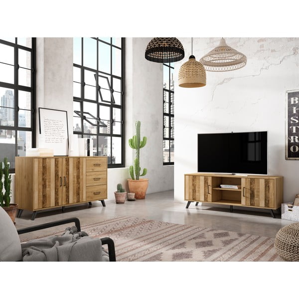 Comodă roșu/ joasă cu aspect de lemn de stejar 136x81 cm Nordic – Marckeric-image-4