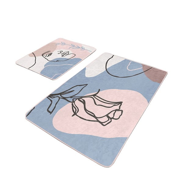 Covorașe de baie albastre/roz 2 buc. din catifea 60x100 cm Abstract Faces – Mila Home