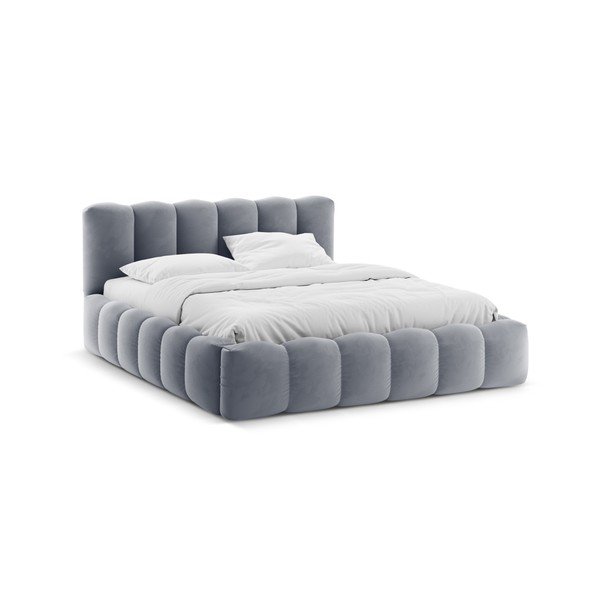 Pat matrimonial gri tapițat cu spațiu de depozitare cu somieră 200x200 cm Lupine – Micadoni 