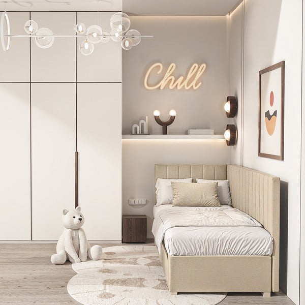 Pat pentru copii  bej pe colț cu spațiu de depozitare cu saltea 90x200 cm Snugi – Ghado-image-1
