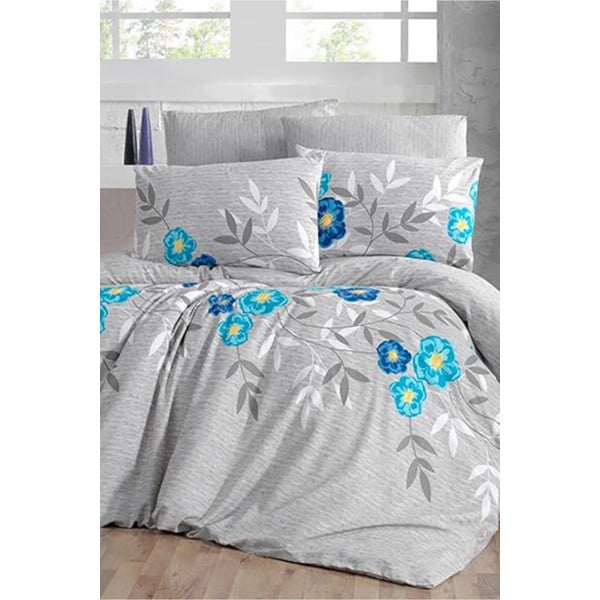 Lenjerie de pat albastră-gri pentru pat dublu-extins și cearceaf Dahlia – Mila Home