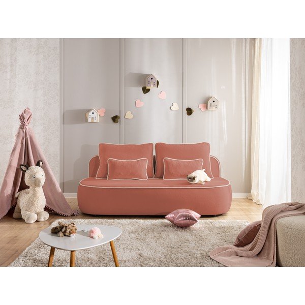 Canapea pentru copii roz/gri deschis extensibilă/cu spațiu de depozitare cu tapițerie din catifea 210 cm Saga – Ropez-image-3