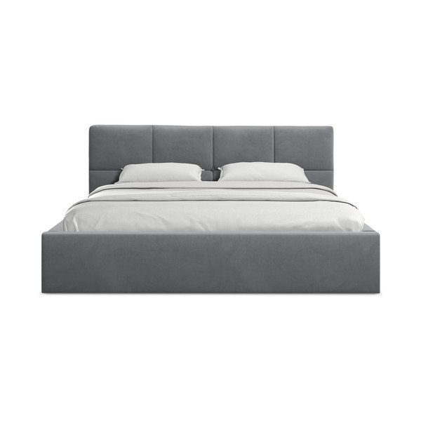 Pat matrimonial gri închis tapițat din catifea cu spațiu de depozitare cu somieră 140x200 cm Hiko – Makamii-image-3