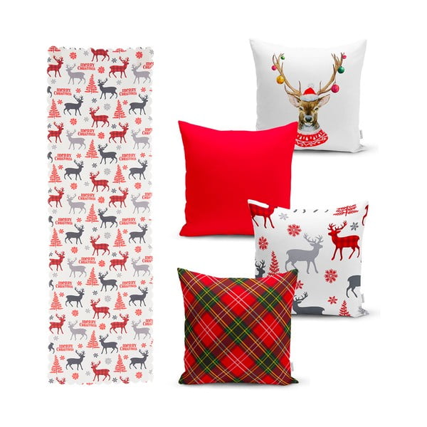 Set 4 fețe de pernă și un napron de masă cu model de Crăciun Minimalist Cushion Covers Christmas Ornaments