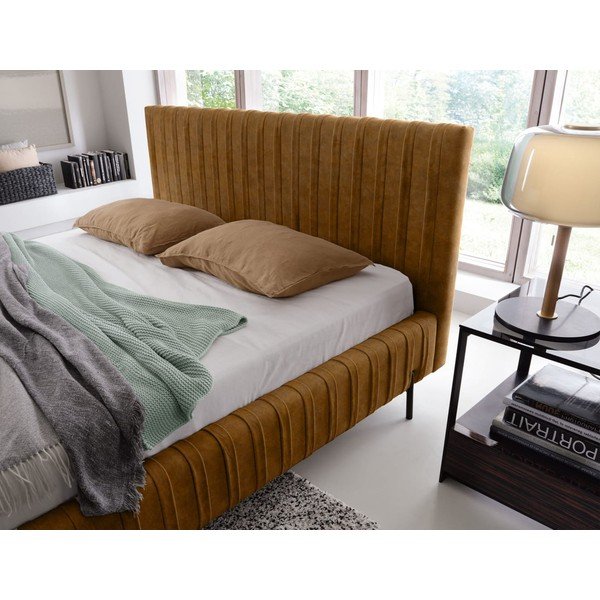Pat matrimonial galben ocru tapițat cu spațiu de depozitare cu somieră 160x200 cm Plissa – ELTAP-image-3